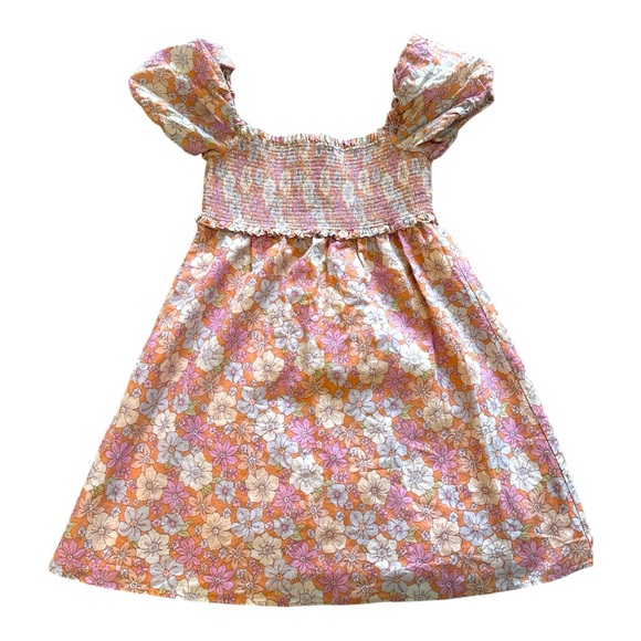 Aritzia Sunday Best Hadley Puff Sleeve Smocked Dress Apricot Floral linen small - Picture 2 of 7